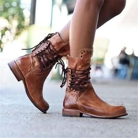 JOAN | VINTAGE LACE-UP STUDDED MID-CALF BOOTS