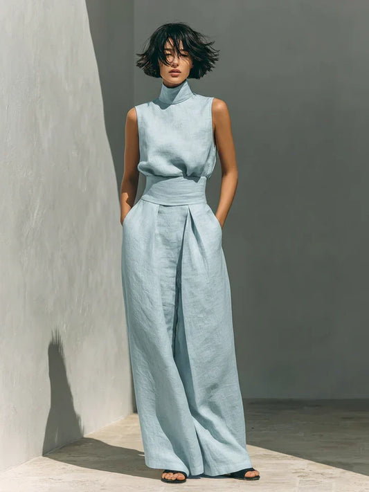 FLOR | MINIMALIST WOMEN’S TWO-PIECE SET WITH SLEEVELESS BLOUSE AND WIDE-LEG TROUSERS
