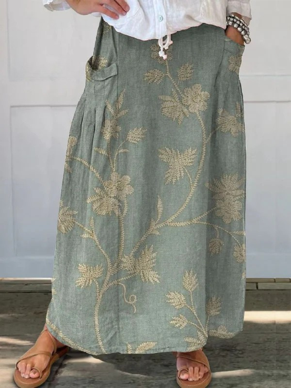 TREXIE | RETRO FLORAL ART ELASTIC WAISTBAND POCKET SKIRT