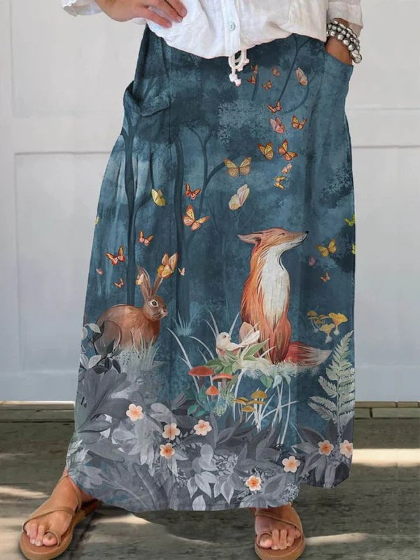 ROXY | VINTAGE FLORAL ANIMALS ART PRINT CASUAL POCKET SKIRT