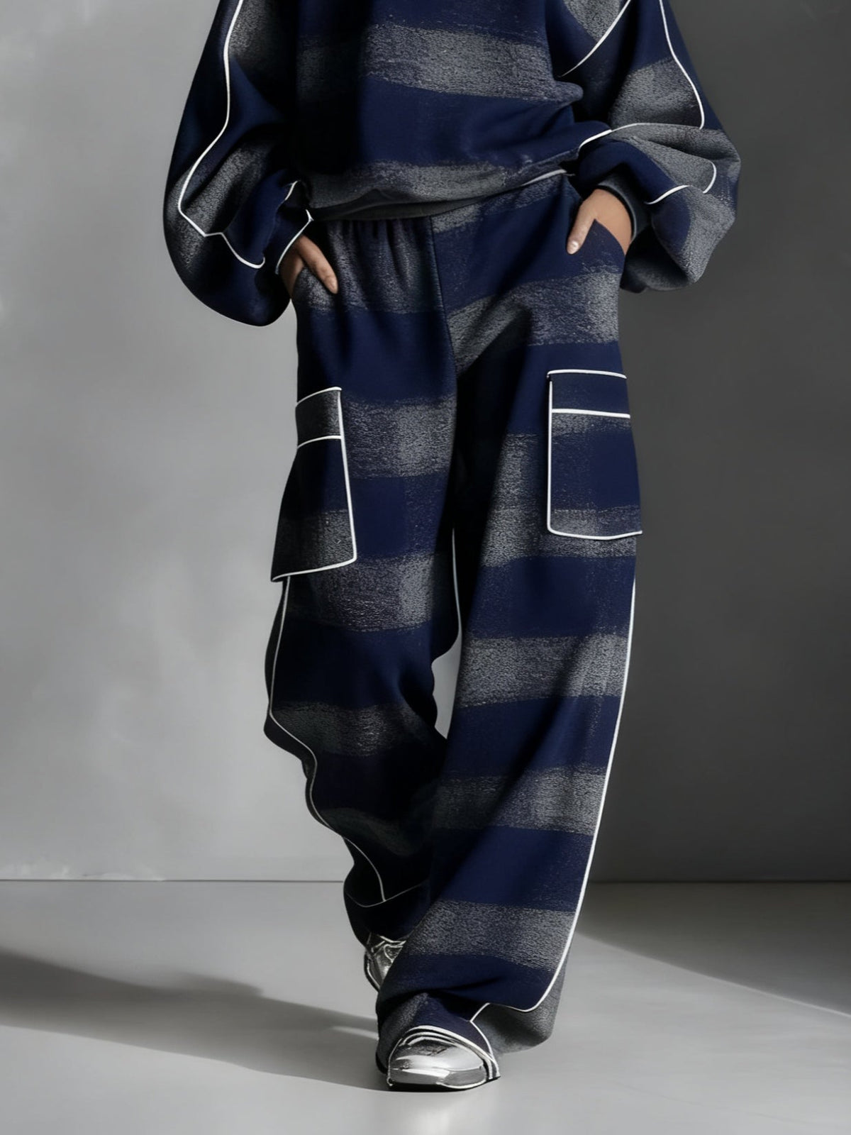 ELLA | BLUE AND GREY PLAID COLOUR BLOCK SWEATSHIRT AND CASUAL PANTS SET