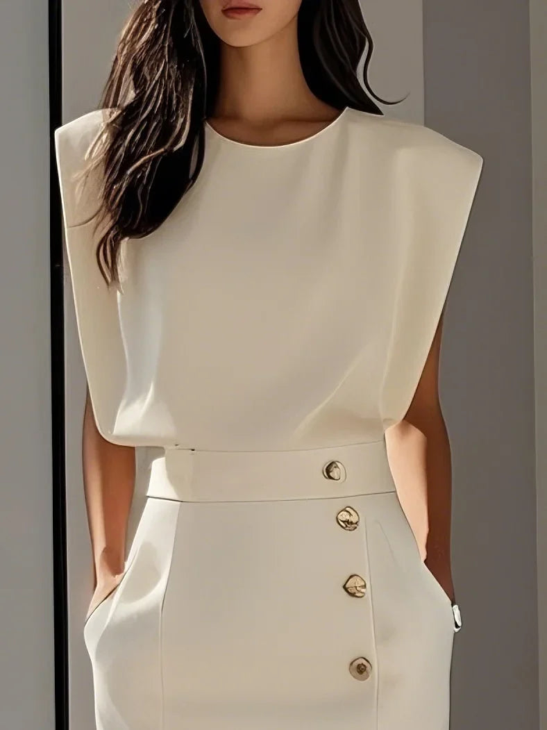GENEVIEVE | PADDED SHOULDER BUTTON DETAIL MIDI DRESS WITH SLIT