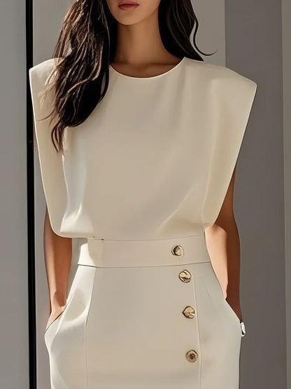 GENEVIEVE | PADDED SHOULDER BUTTON DETAIL MIDI DRESS WITH SLIT