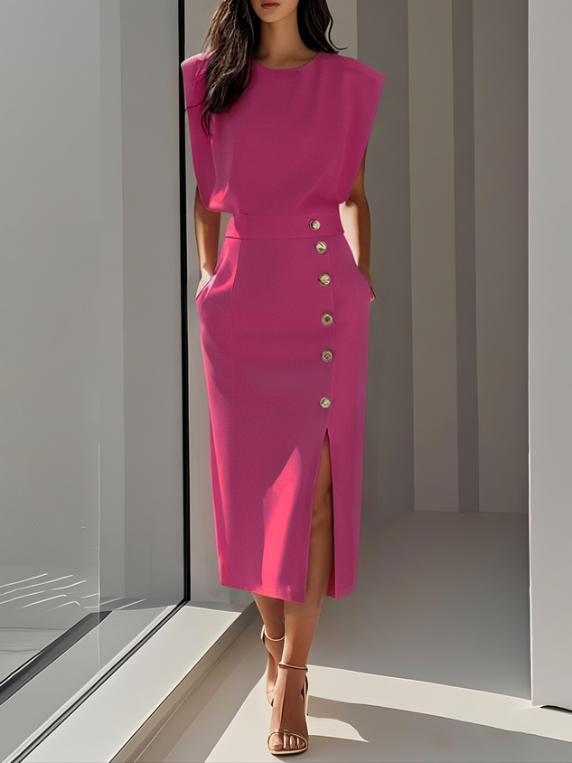 GENEVIEVE | PADDED SHOULDER BUTTON DETAIL MIDI DRESS WITH SLIT