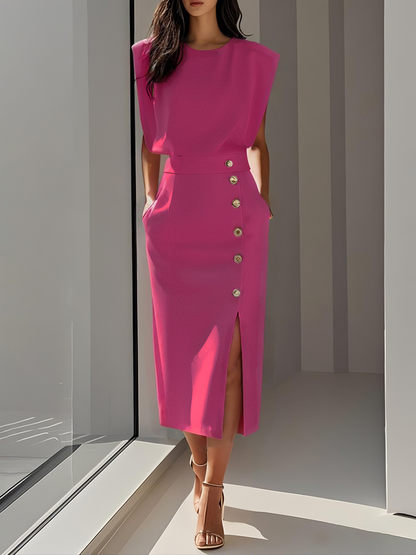 GENEVIEVE | PADDED SHOULDER BUTTON DETAIL MIDI DRESS WITH SLIT