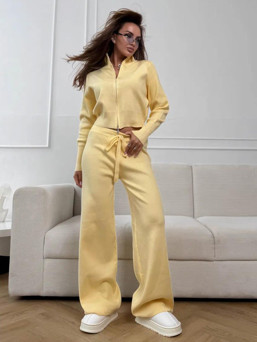 ISLA | KNIT 2 PIECE SET – DRAWSTRING WIDE LEG PANTS WITH ZIP JACKET TOP