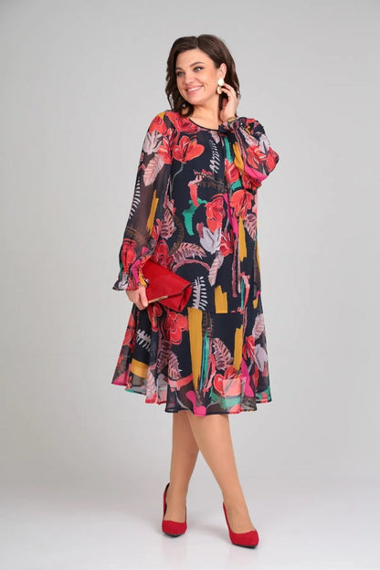 MARGOT | BOLD FLORAL PRINT LONG-SLEEVE CHIFFON MIDI DRESS