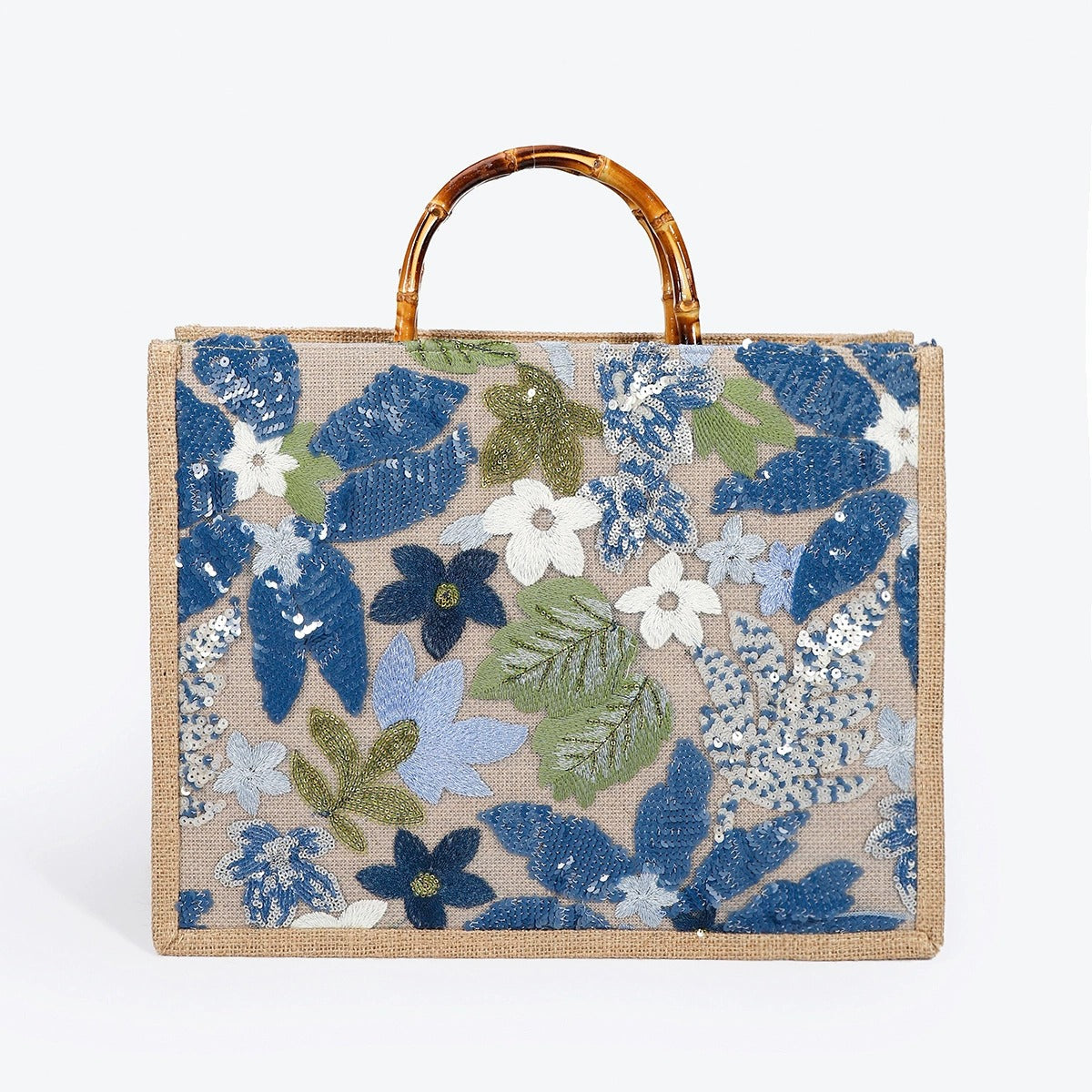 OCEANMEADOW | BLUE FLORAL SEQUIN BAMBOO HANDLE TOTE BAG