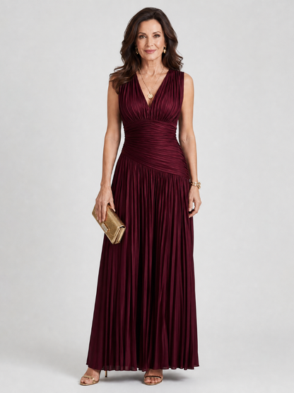LEMAR | SLEEVELESS PLEATED V NECK MIDI DRESS