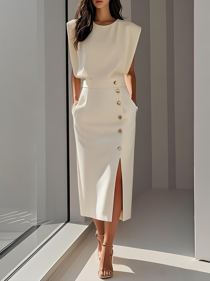 GENEVIEVE | PADDED SHOULDER BUTTON DETAIL MIDI DRESS WITH SLIT