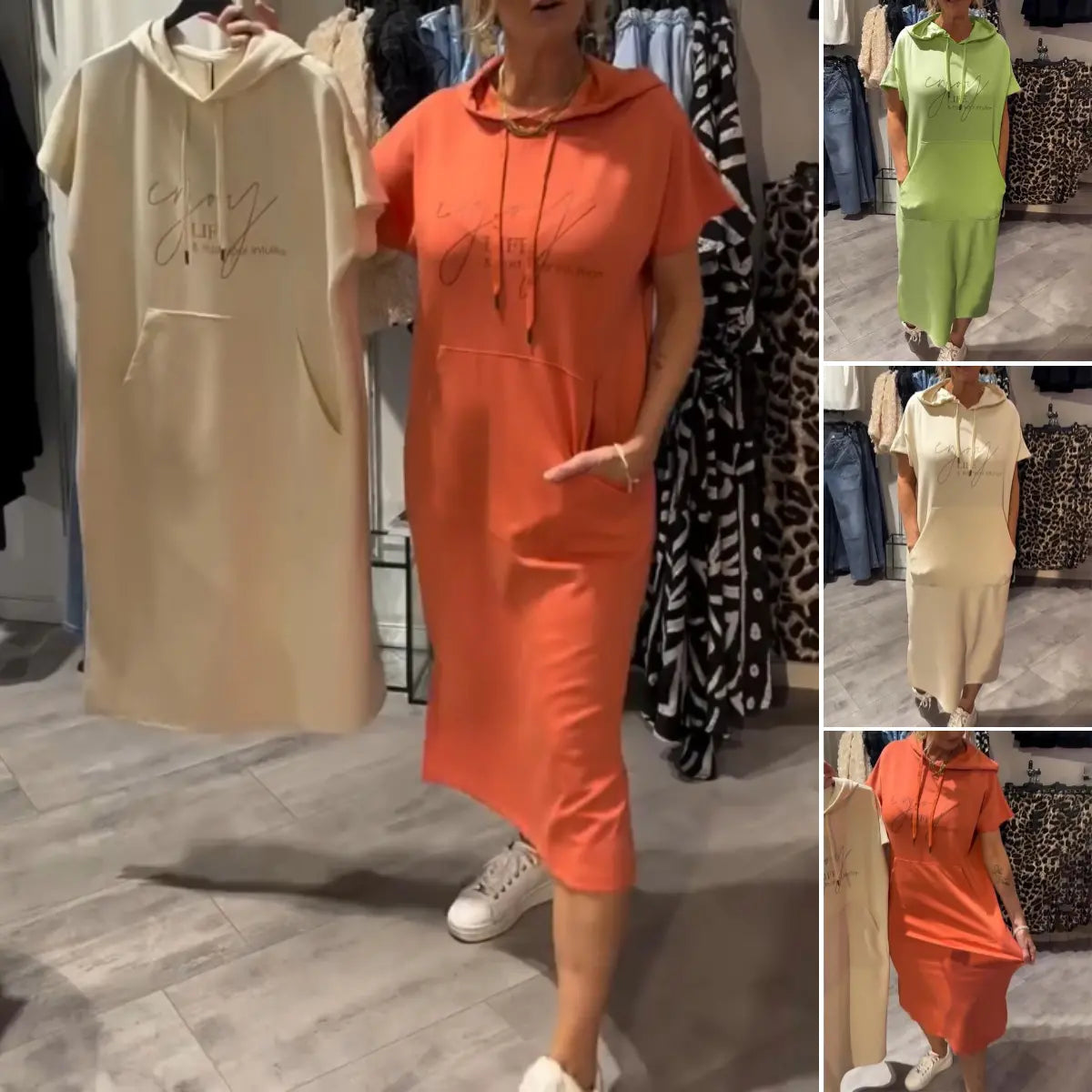 BEVERLEY | CASUAL SHORT-SLEEVE HOODED MIDI DRESS WITH POCKET