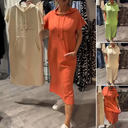 BEVERLEY | CASUAL SHORT-SLEEVE HOODED MIDI DRESS WITH POCKET