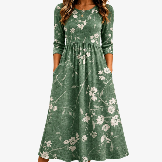 FLORA | EVERGREEN BLOOM RELAXED POCKET MIDI DRESS