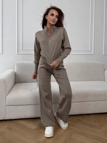 ISLA | KNIT 2 PIECE SET – DRAWSTRING WIDE LEG PANTS WITH ZIP JACKET TOP