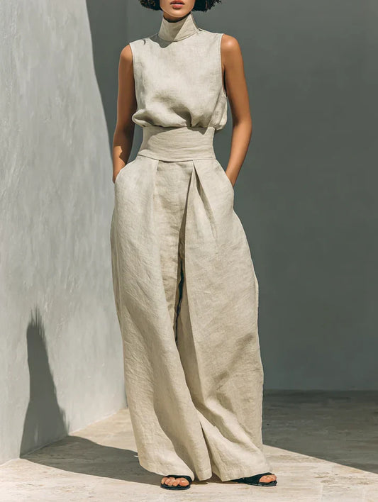 FLOR | MINIMALIST WOMEN’S TWO-PIECE SET WITH SLEEVELESS BLOUSE AND WIDE-LEG TROUSERS