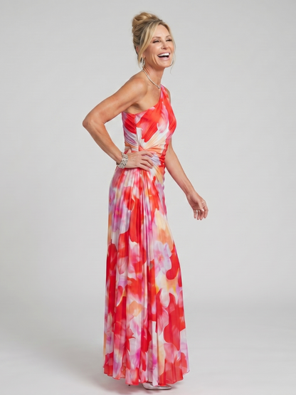 TAYA | ONE SHOULDER PLEATED BODICE MIDI DRESS
