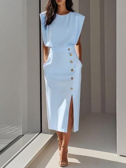 GENEVIEVE | PADDED SHOULDER BUTTON DETAIL MIDI DRESS WITH SLIT