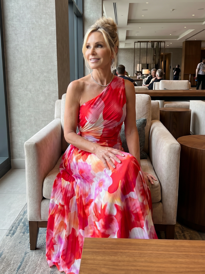 TAYA | ONE SHOULDER PLEATED BODICE MIDI DRESS