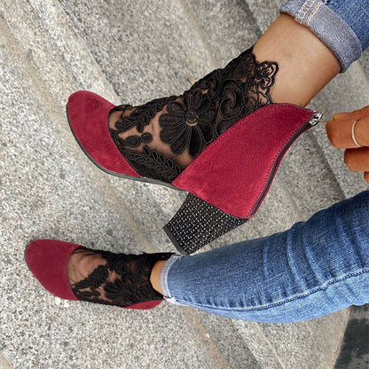 MARILYN | LACE EMBROIDERED BLOCK HEEL ANKLE BOOTS