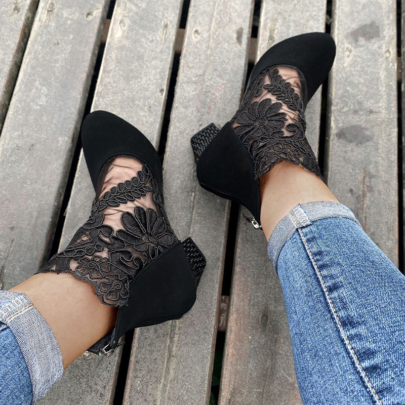 MARILYN | LACE EMBROIDERED BLOCK HEEL ANKLE BOOTS