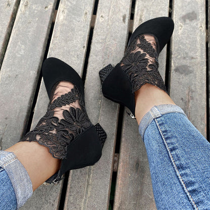MARILYN | LACE EMBROIDERED BLOCK HEEL ANKLE BOOTS