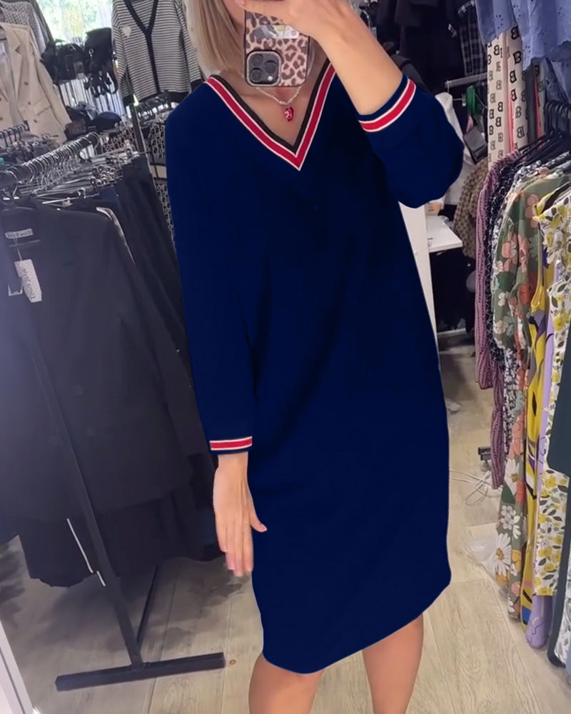 WANDA | SPORTY STRIPE TRIM V-NECK DRESS WITH POCKETS
