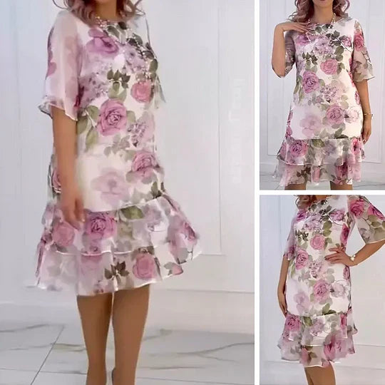 CLARISSA | FLORAL ROSE PRINT SHORT-SLEEVE TIERED MIDI DRESS