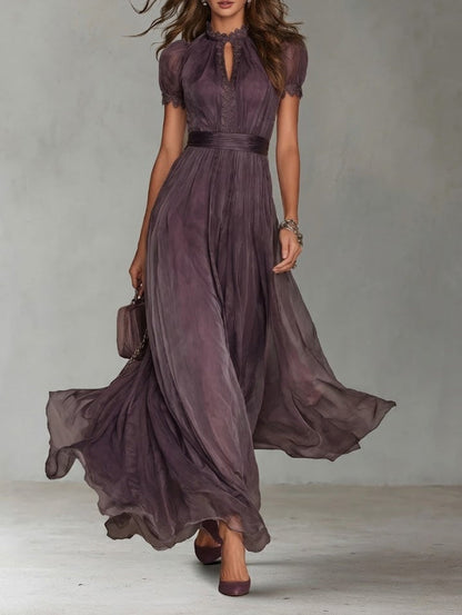 SOPHIE | LONG PURPLE DROP-NECK DRESS WITH CHIFFON LACE TRIM