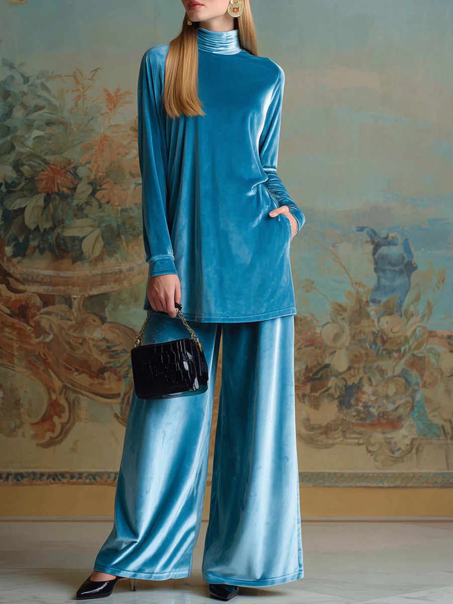 SAPPHIRE | HIGH-NECK BLUE VELVET LOOSE CASUAL SET