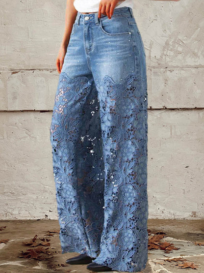OCTAVIA | LACE PANEL WIDE-LEG DENIM JEANS