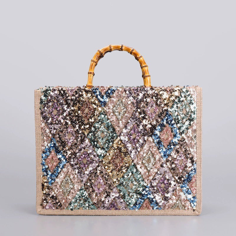 MOSAICGLIMMER | MULTICOLOUR SEQUIN BAMBOO HANDLE TOTE BAG