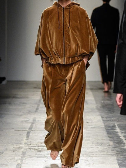 MILLIE | BROWN VELVET ZIP UP HOODED SWEATSHIRT AND TROUSERS SET