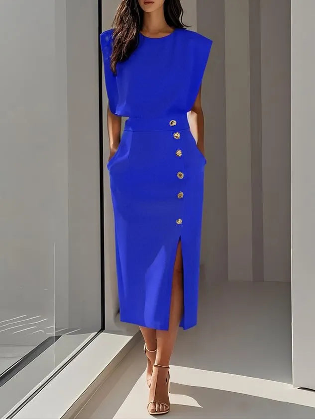 GENEVIEVE | PADDED SHOULDER BUTTON DETAIL MIDI DRESS WITH SLIT
