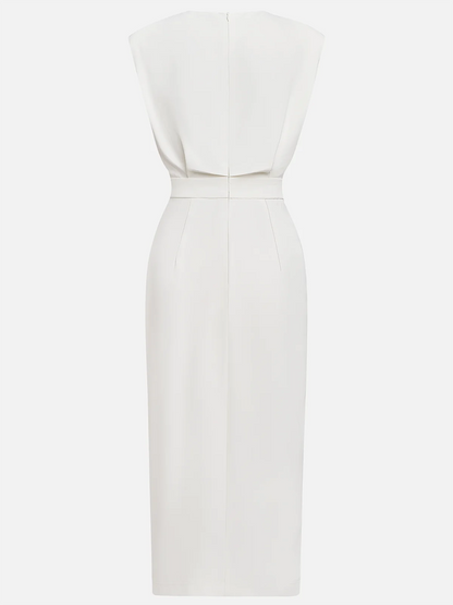 GENEVIEVE | PADDED SHOULDER BUTTON DETAIL MIDI DRESS WITH SLIT