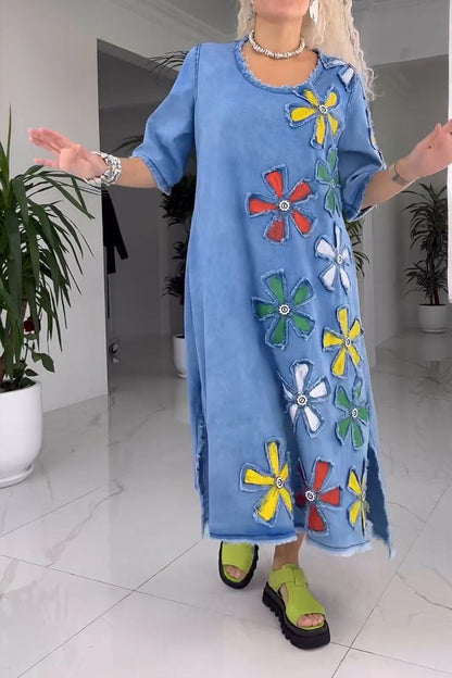 SYLVIE | DENIM FLORAL MAXI DRESS