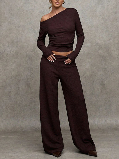 AMELIA | BROWN OFF SHOULDER KNIT TOP AND WIDE LEG PANTS SET