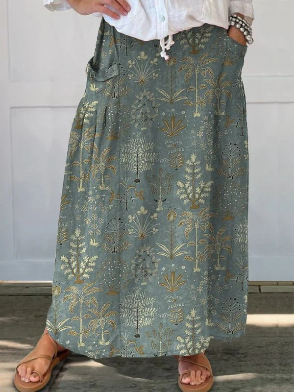 CARLY | WOODLAND VEGETATION PATTERN PRINTED ELASTIC WAISTBAND POCKET SKIRT
