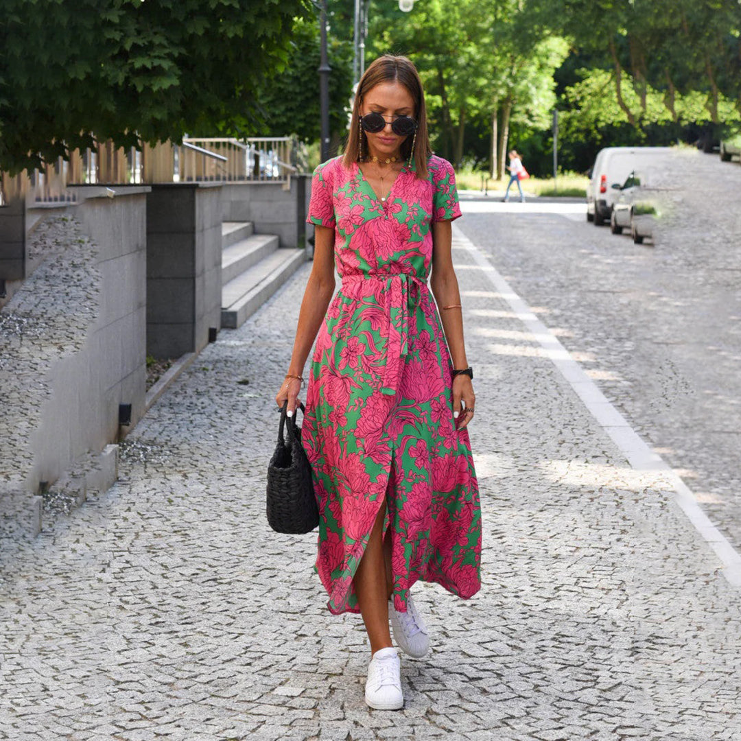 DEBORAH | SHORT-SLEEVE FLORAL WRAP MIDI DRESS