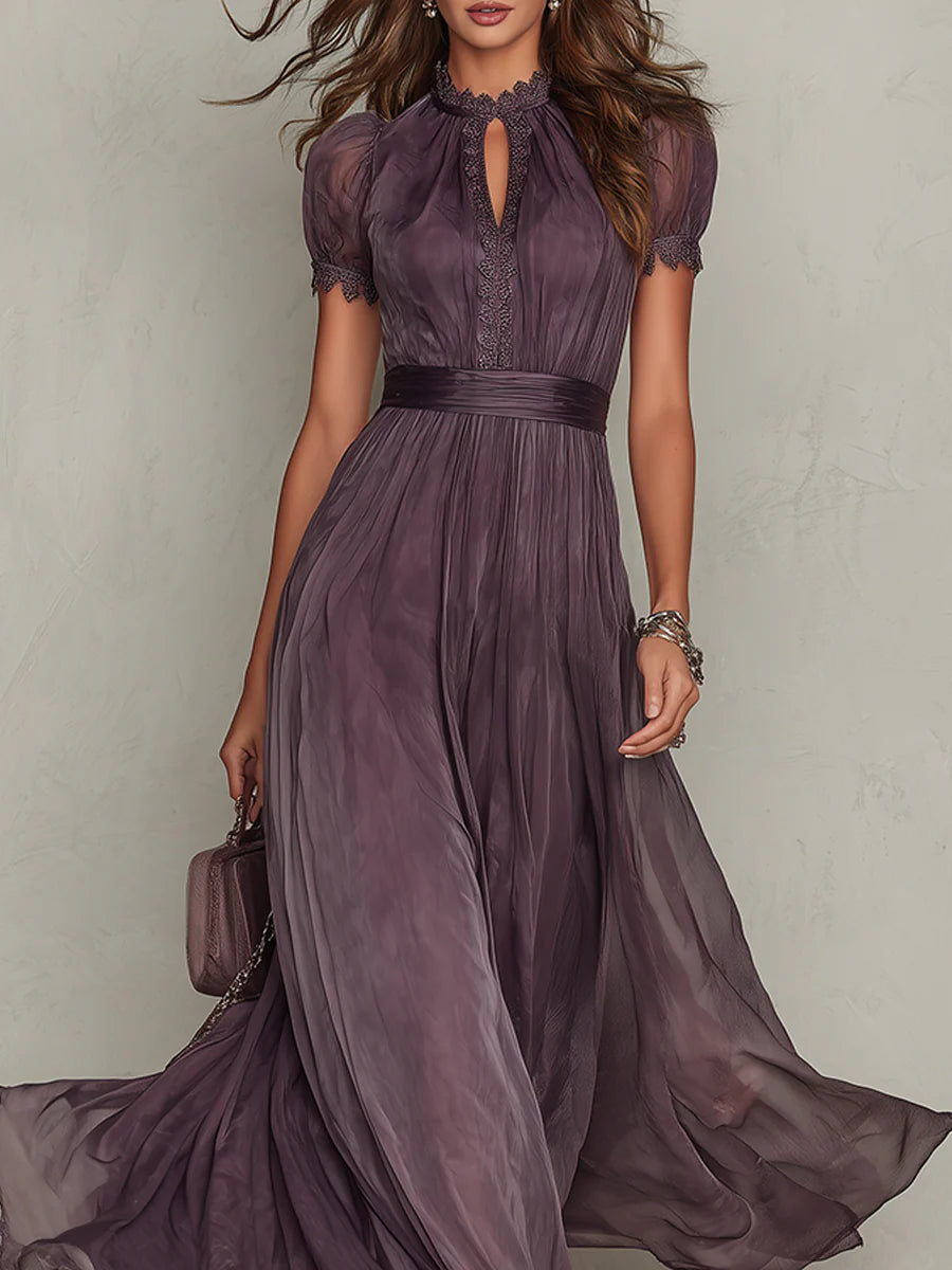 SOPHIE | LONG PURPLE DROP-NECK DRESS WITH CHIFFON LACE TRIM