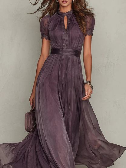 SOPHIE | LONG PURPLE DROP-NECK DRESS WITH CHIFFON LACE TRIM