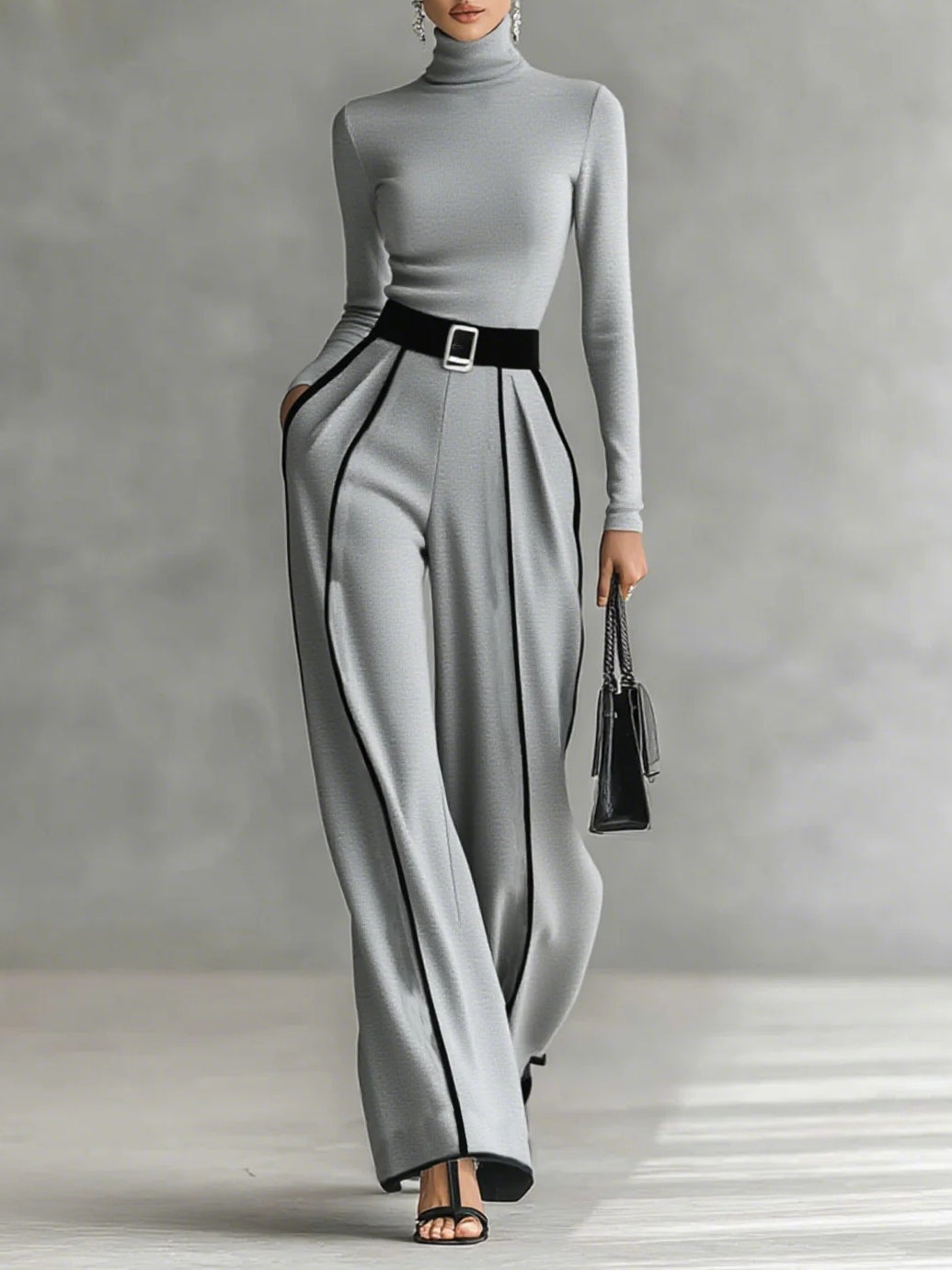 AMELIA | BLACK TRIM HIGH NECK TOP AND WIDE LEG PANTS SET