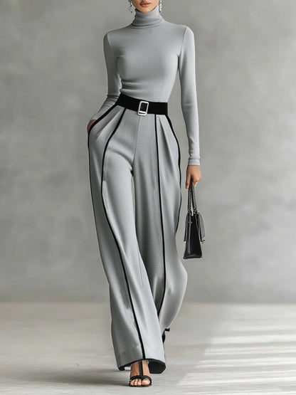 AMELIA | BLACK TRIM HIGH NECK TOP AND WIDE LEG PANTS SET