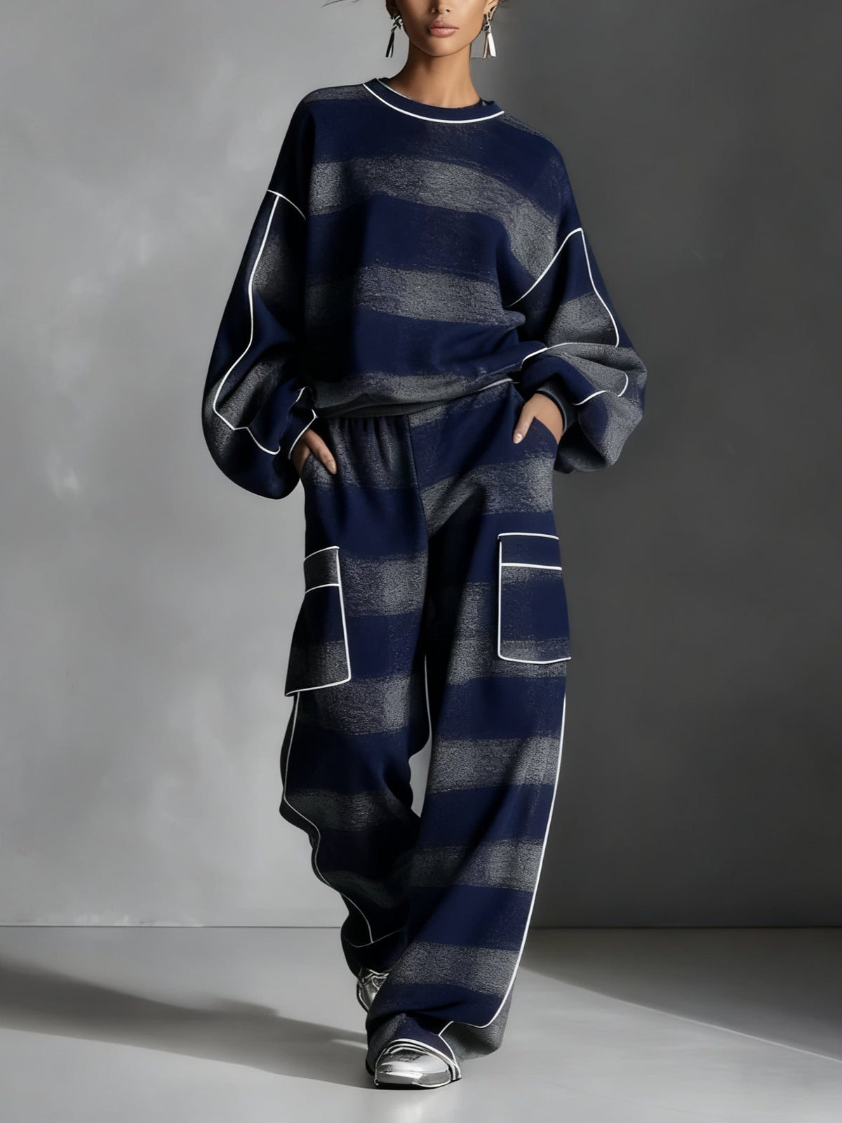 ELLA | BLUE AND GREY PLAID COLOUR BLOCK SWEATSHIRT AND CASUAL PANTS SET