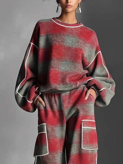 LILY | RED AND GREY PLAID COLOUR BLOCK SWEATSHIRT AND CASUAL PANTS SET