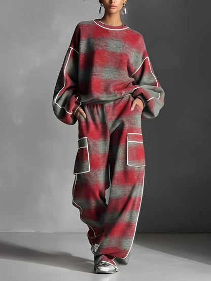 LILY | RED AND GREY PLAID COLOUR BLOCK SWEATSHIRT AND CASUAL PANTS SET