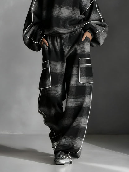 CHARLOTTE | BLACK AND GREY PLAID COLOUR BLOCK SWEATSHIRT AND CASUAL PANTS SET