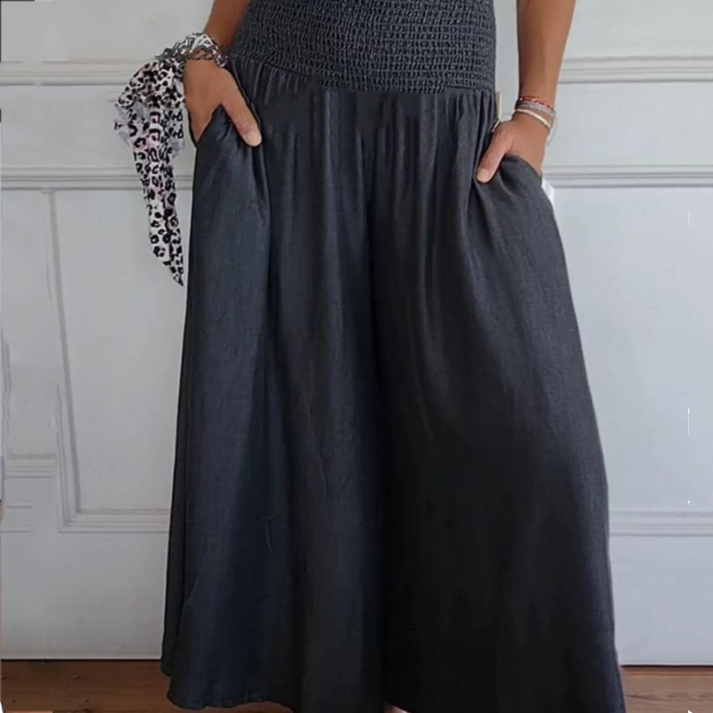 BLYTHE | WIDE-LEG HIGH-WAIST SMOCKED DENIM TROUSERS