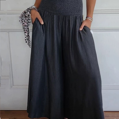 BLYTHE | WIDE-LEG HIGH-WAIST SMOCKED DENIM TROUSERS