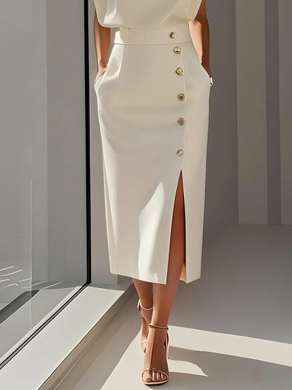 GENEVIEVE | PADDED SHOULDER BUTTON DETAIL MIDI DRESS WITH SLIT