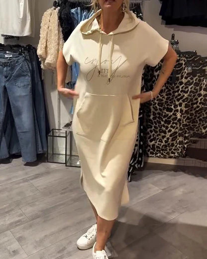 BEVERLEY | CASUAL SHORT-SLEEVE HOODED MIDI DRESS WITH POCKET